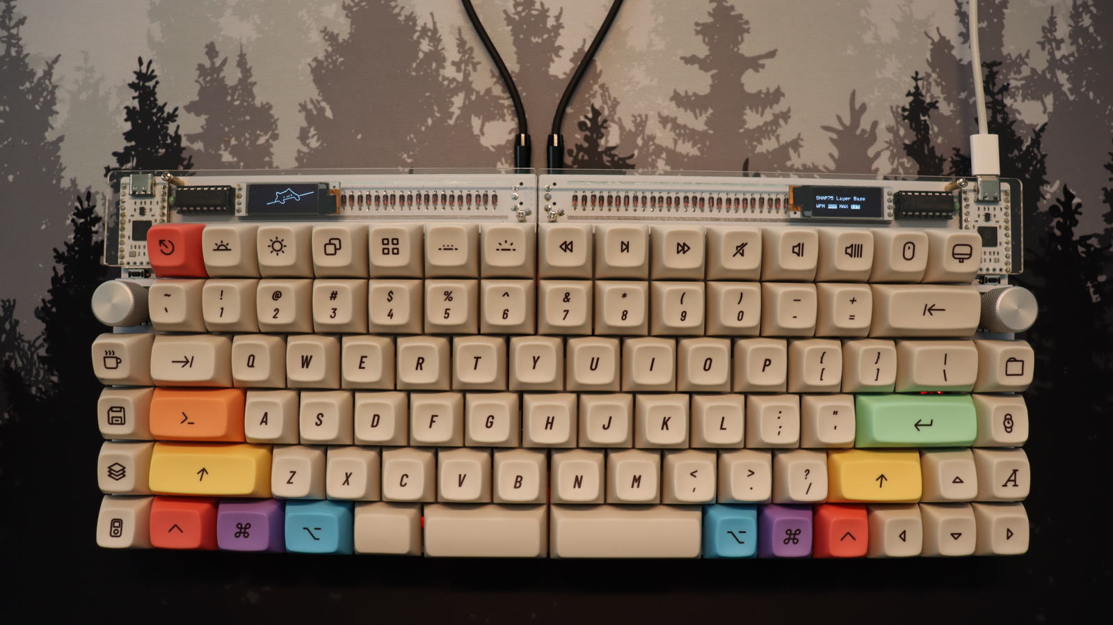 SNAP-75 keyboard from above, with two OLED displays and colorful keycaps